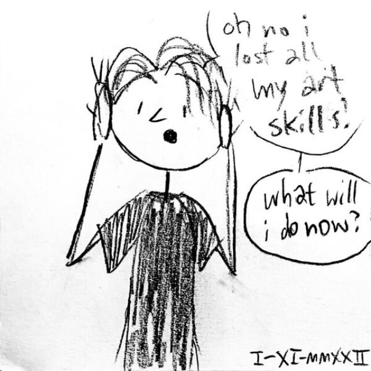 A surprised stick figure Jack with his hands to the sides of his face screams &ldquo;Oh no I lost all my art skills! What will I do now?&rdquo;