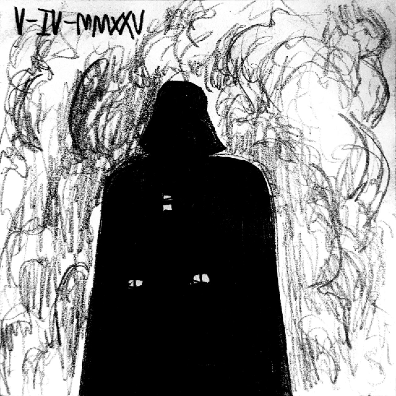 The silhouette of Darth Vader stands in front of thick smoke.