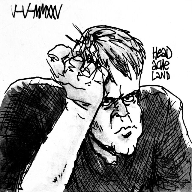 A man presses the palm of his fist into his forehead, annoyed. Headacheland.