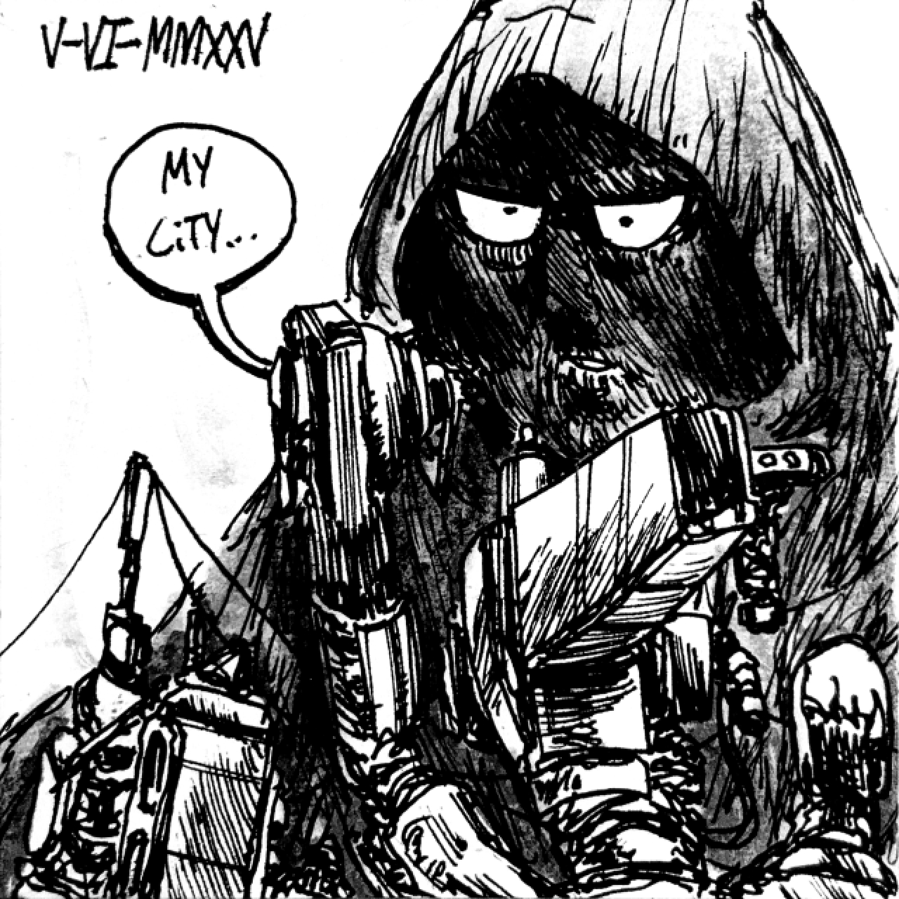 A hooded figure in shadow looks over miscellaneous shapes and wires, saying 