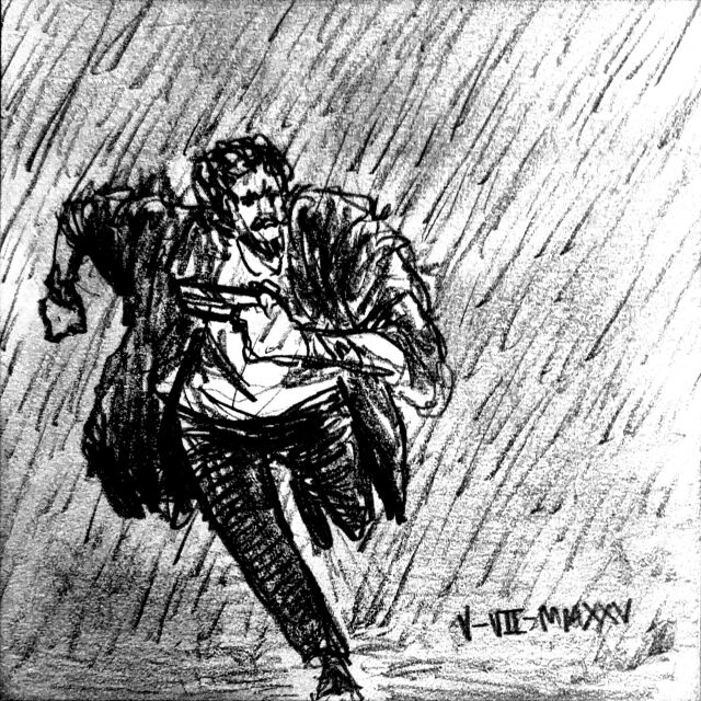 A man in a coat runs in the rain with a gun in his hand.