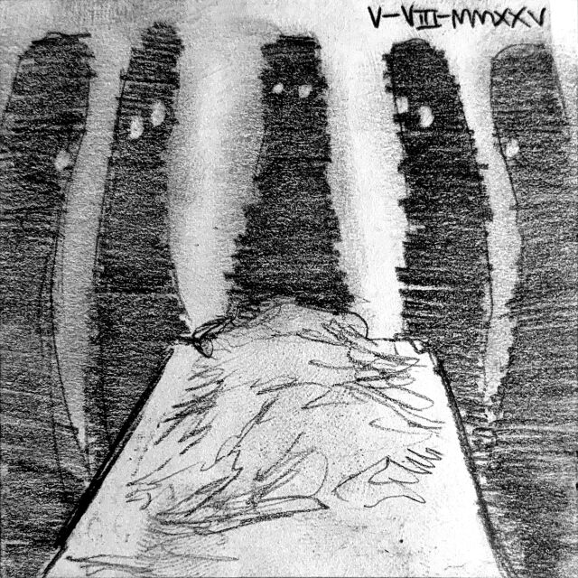 Five shadowy figures with white eyes stare down at a person in bed.