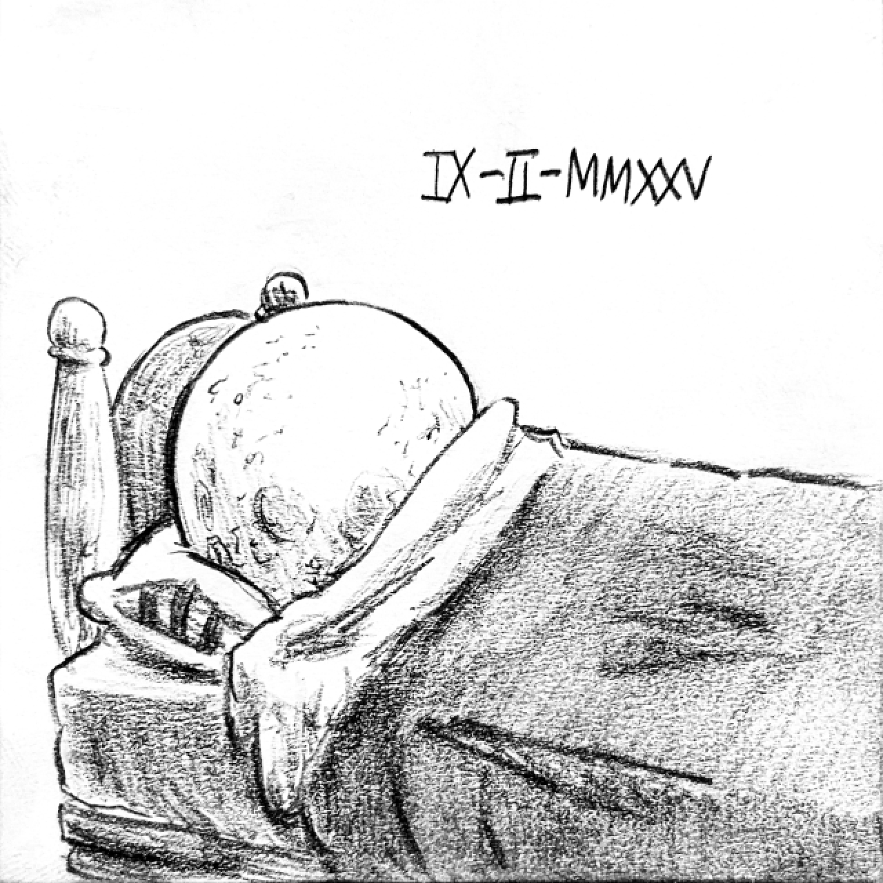 The Moon lays under the covers of a plain bed, tucked in with a pillow and backboard.