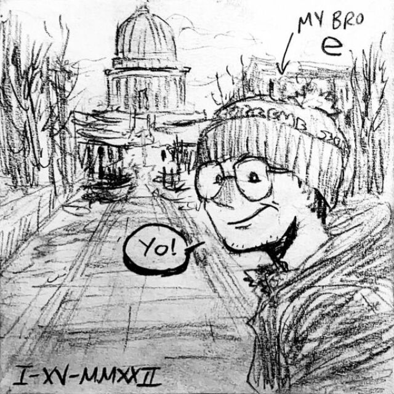 Elijah stands in front of the Madison capital building and says Yo! A caption points to him and reads &ldquo;My bro E&rdquo;.