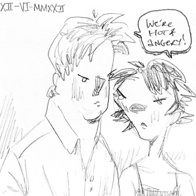 A man and a woman stare judgementally and both exclaim "We're hot & angery!"