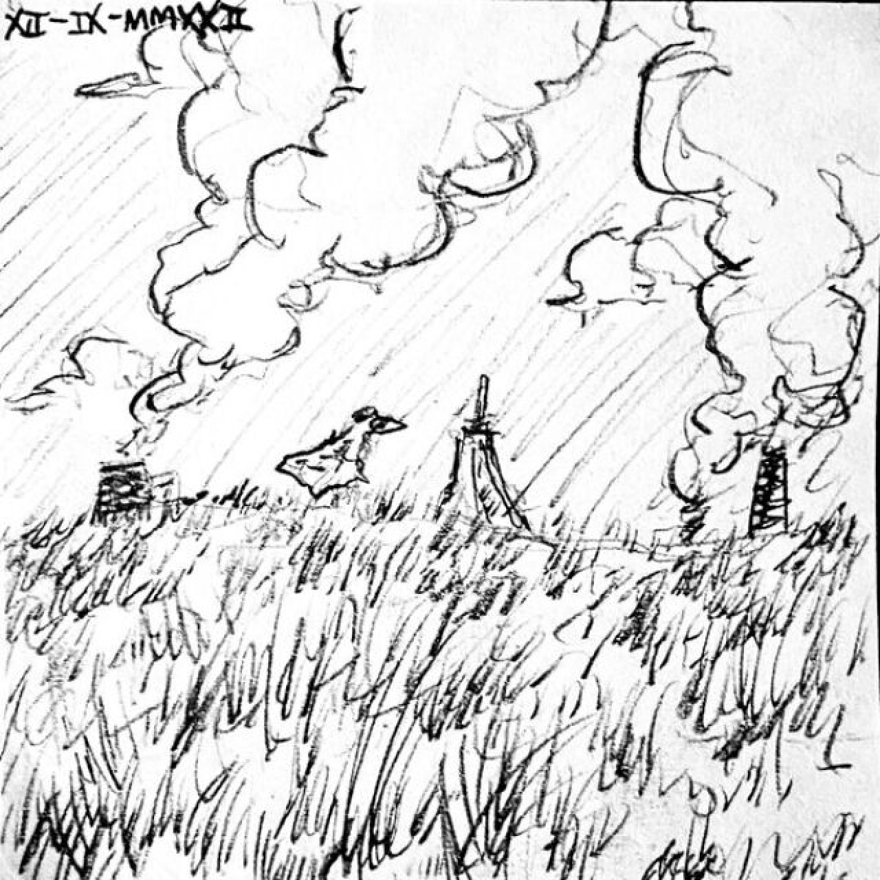 A hooded figure with a beak stands with a man in a cape and tall hat in the grassy plains. In the distance, dark smokestacks push large clouds of light smoke into the sky.