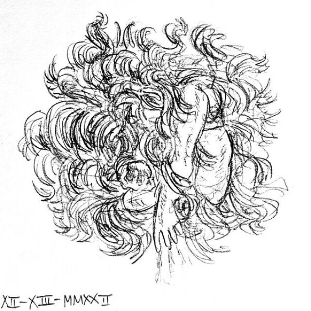 Beneath a giant ball of long, curly hair, an arm and thigh appear slightly exposed. The fingers attached to the arm brush against the ground, leaving lines leading back it them.