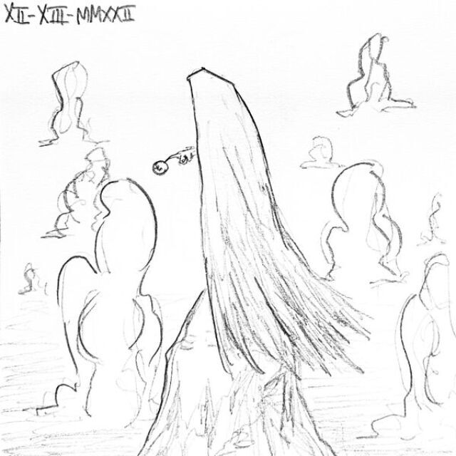 A figure, covering almost completely in a sheet torn near the bottom, floats in the sky amongst the clouds, its hand touching a small ball hovering before it.