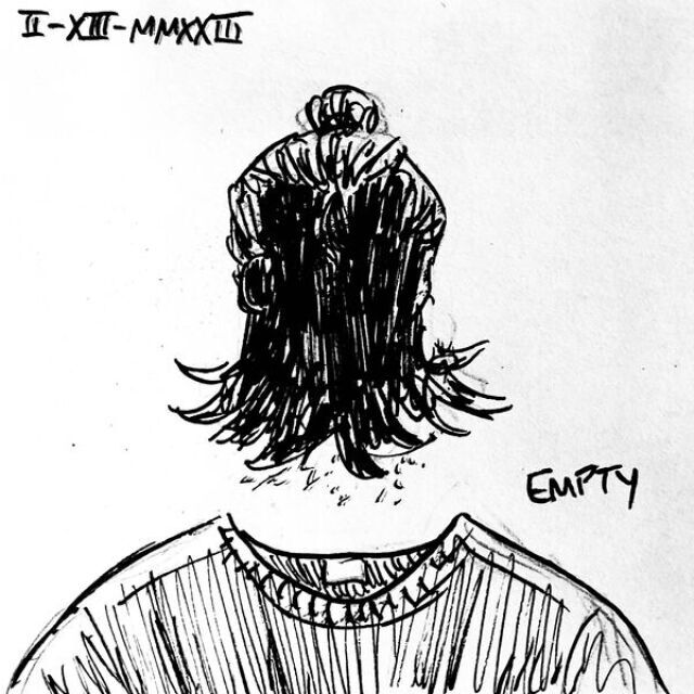 A head of hair, some stubble, and a t-shirt float without a body. A caption reads "Empty."