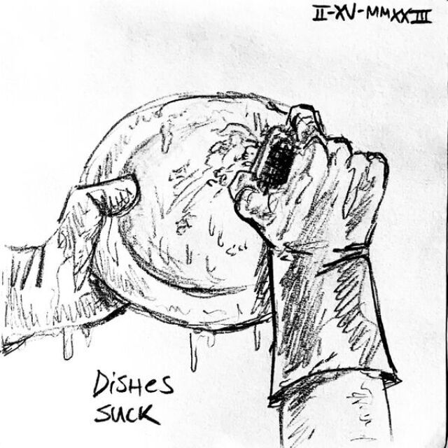 Two rubber-gloved hands scrub against a wet, soapy plate using dish sponge. A caption reads "Dishes suck."