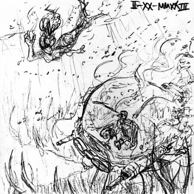 A spherical submarine roams deep in an ocean; its search light beams through many blades of seaweed. Above, unnoticed by the capped man inside its glass shell, is a mermaid waving to him.