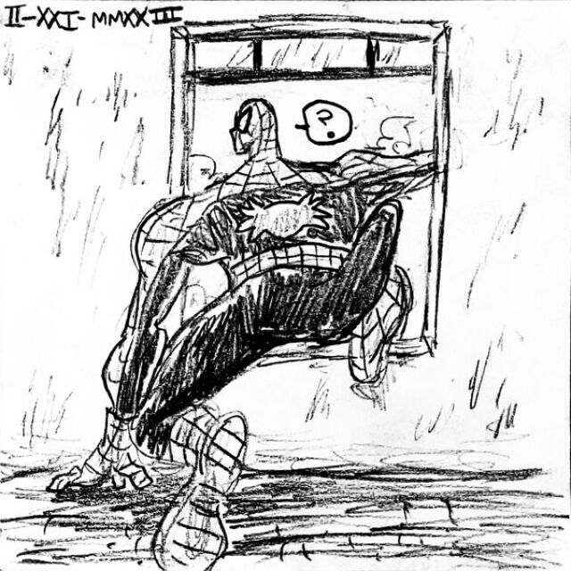 Spider-Man leans out a window, one leg on the sill and his arm outside, and looks off to his left, surprised.