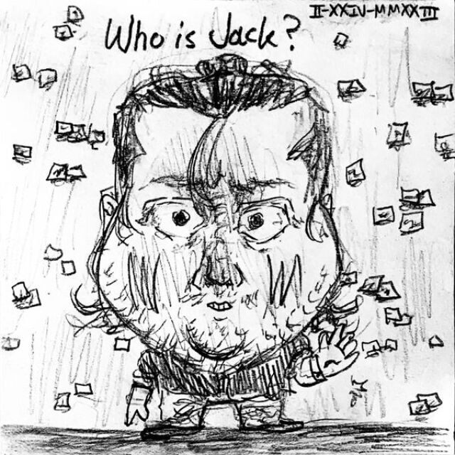 Jack waves with a tiny smile in front of a wall with scattered post-it notes. His head is extremely large compared to the rest of his body and his facial features are overly detailed.