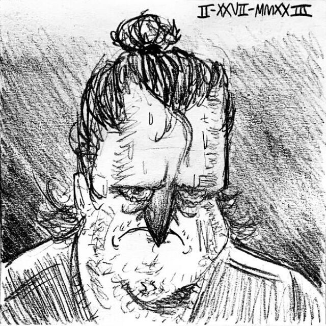 Jack stares on with a gloomy gaze with beads of sweat and red, watery eyes.