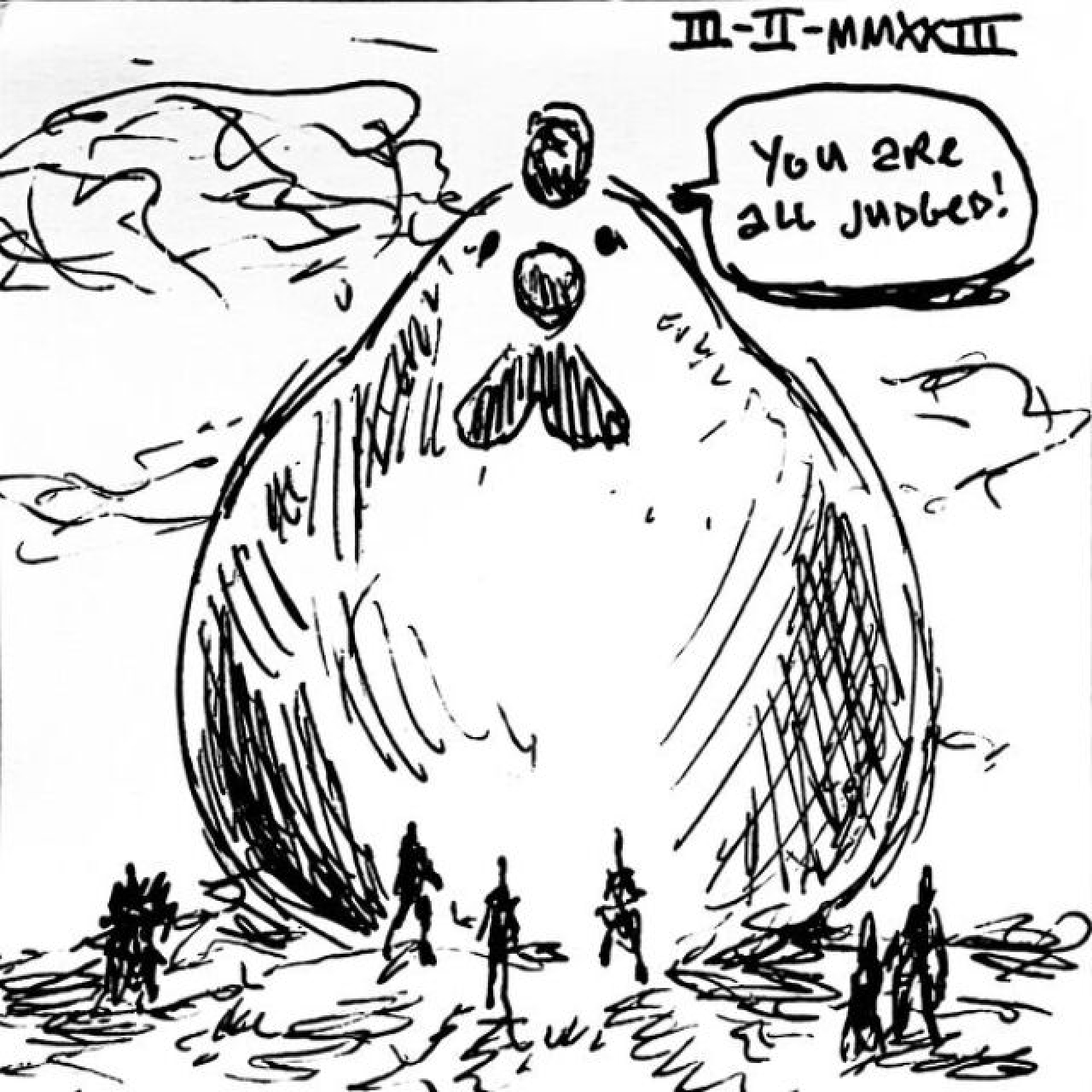 A large, spherical chicken towers over the small silhouettes of a handful of people as it says "You are all judged!"