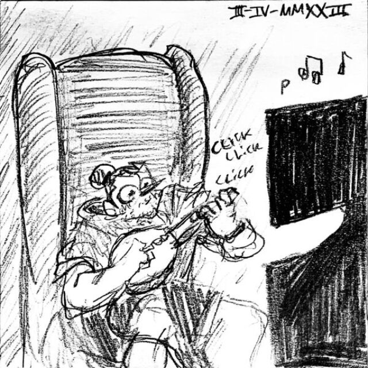 Jack strums a guitar controller that clicks as he presses the buttons, slouched in his chair as he stares at his monitor, playing music.