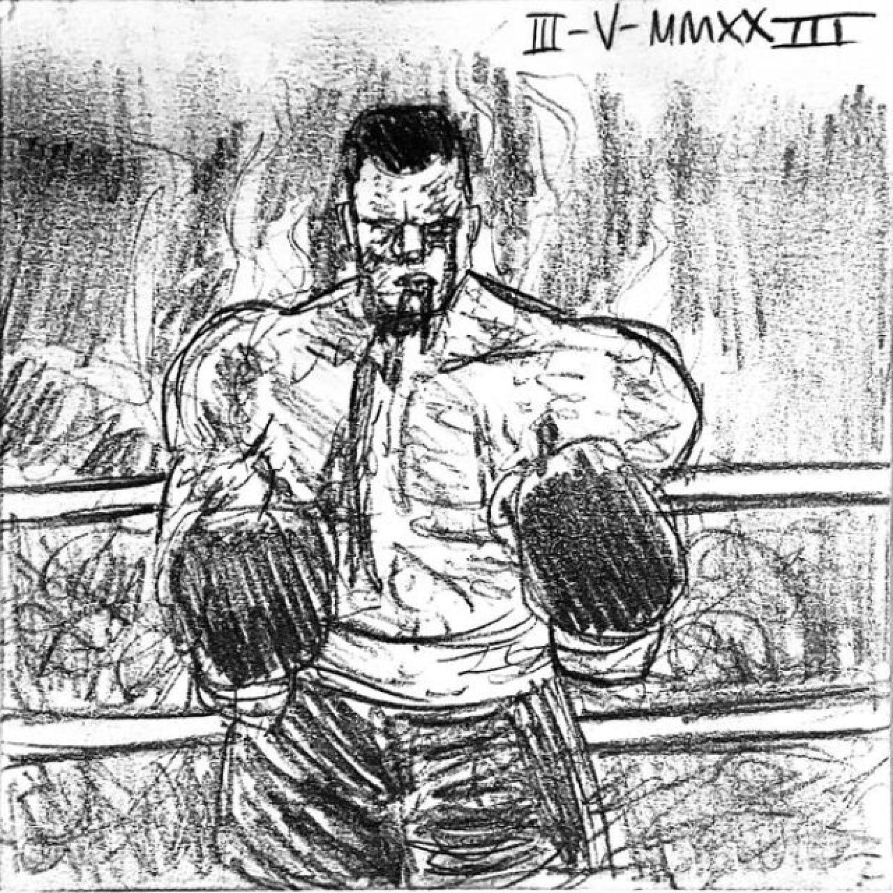 A bloodied and bruised boxer stands in front of the ropes, steam rising from his body as the audience watched in the darkness.