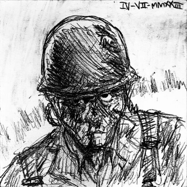 An infantry soldier, bloodied and tattered, stares blankly.