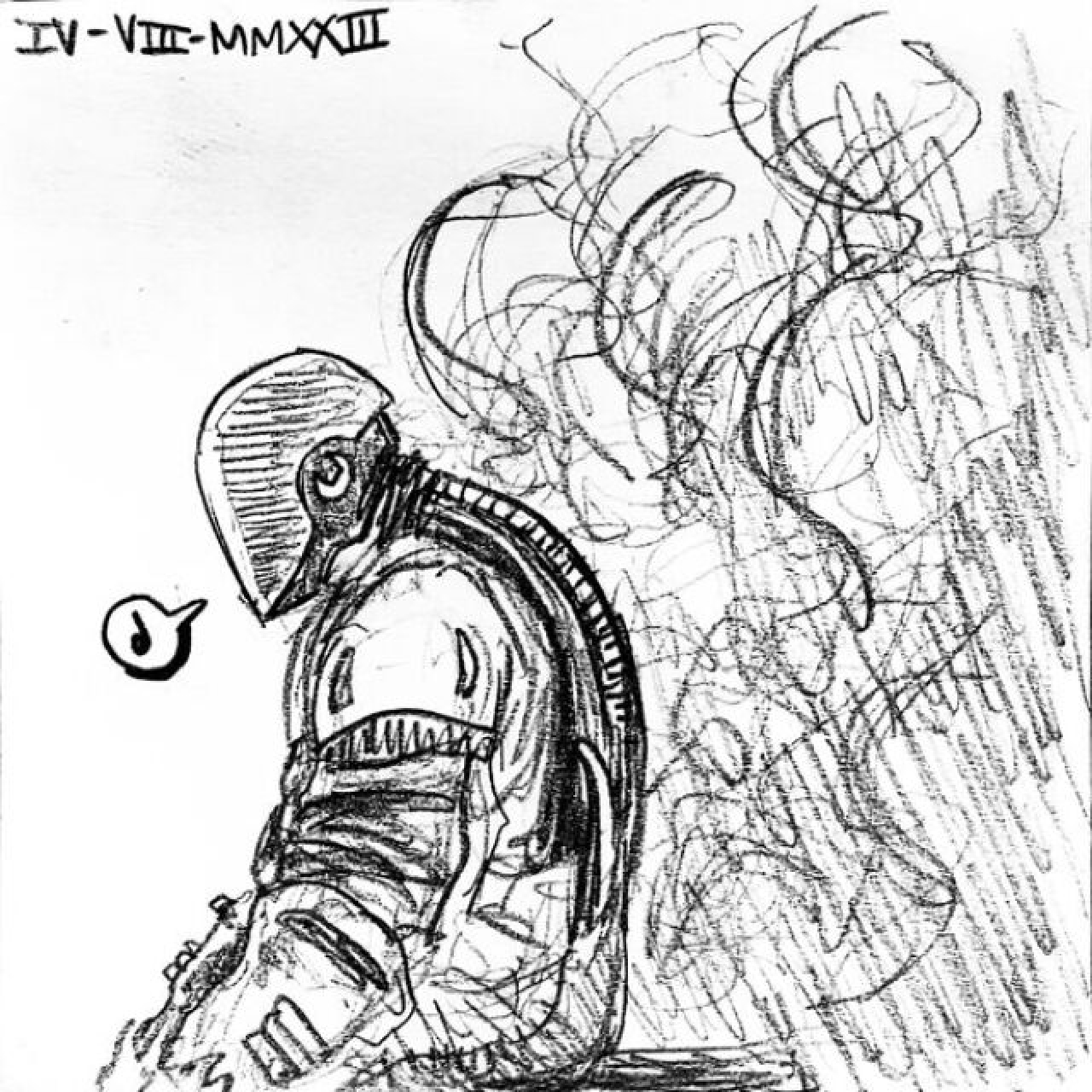 A man in a mechanical outfit and round helmet sits and quietly hums as steam billows behind him.