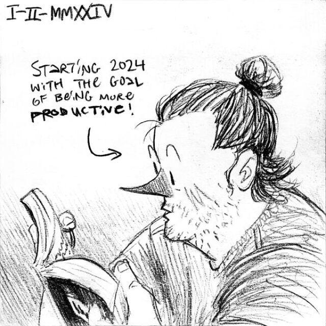 Jack reads a book intently. A caption pointing at him reads "Starting 2024 with the goal of being more productive!" Dated I-II-MMXXIV